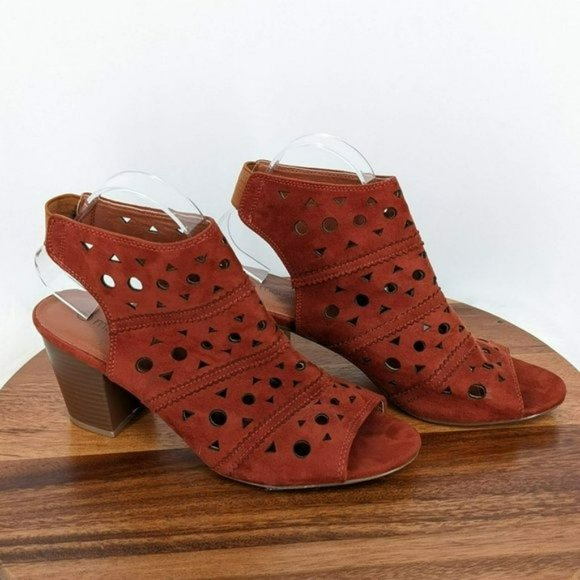 Maurices Jazel Peep Toe Booties 11 M Brick Red Rusty Brown Laser Cut Slingback - Picture 6 of 13